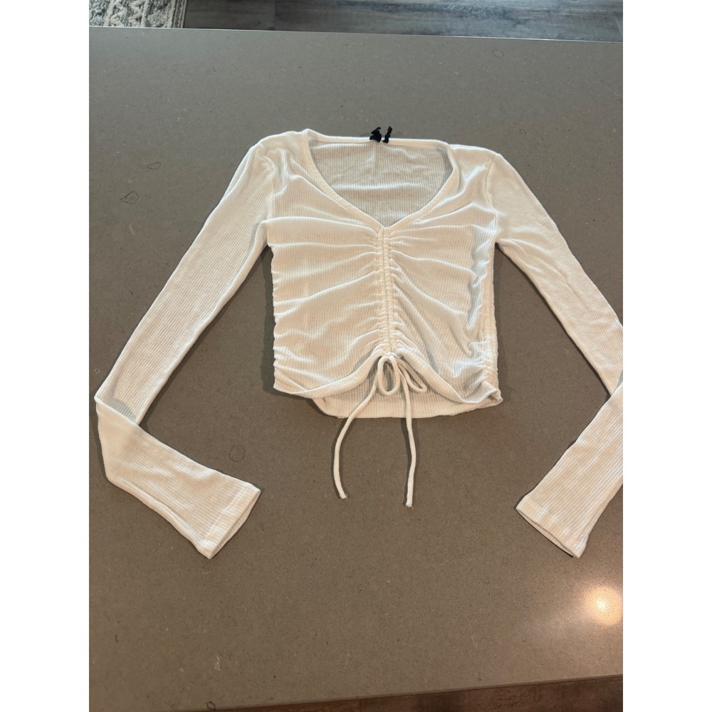 Out From Under White Ribbed Ruched Drawstring V Neck Long Sleeve Cropped Top